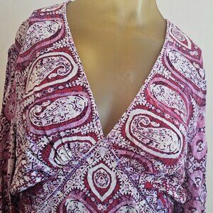 Free People Boho Long Sleeve Crop Top Large Burgundy Pattern Blouse